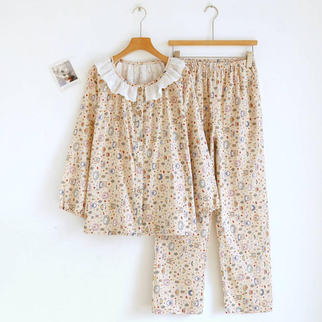 2026 New Spring/Summer Women's Pajama Set 100% Cotton Gauze Sweet and Cute Long Sleeve Lace Home Clothes Two Piece Set