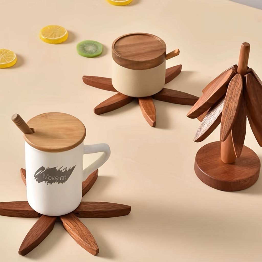 Wooden Tree-Shaped Trivet Set with 3 Detachable Coasters and Base,Creative Non-Slip Heat-Resistant Pads for Kitchen Accessories,Teapot