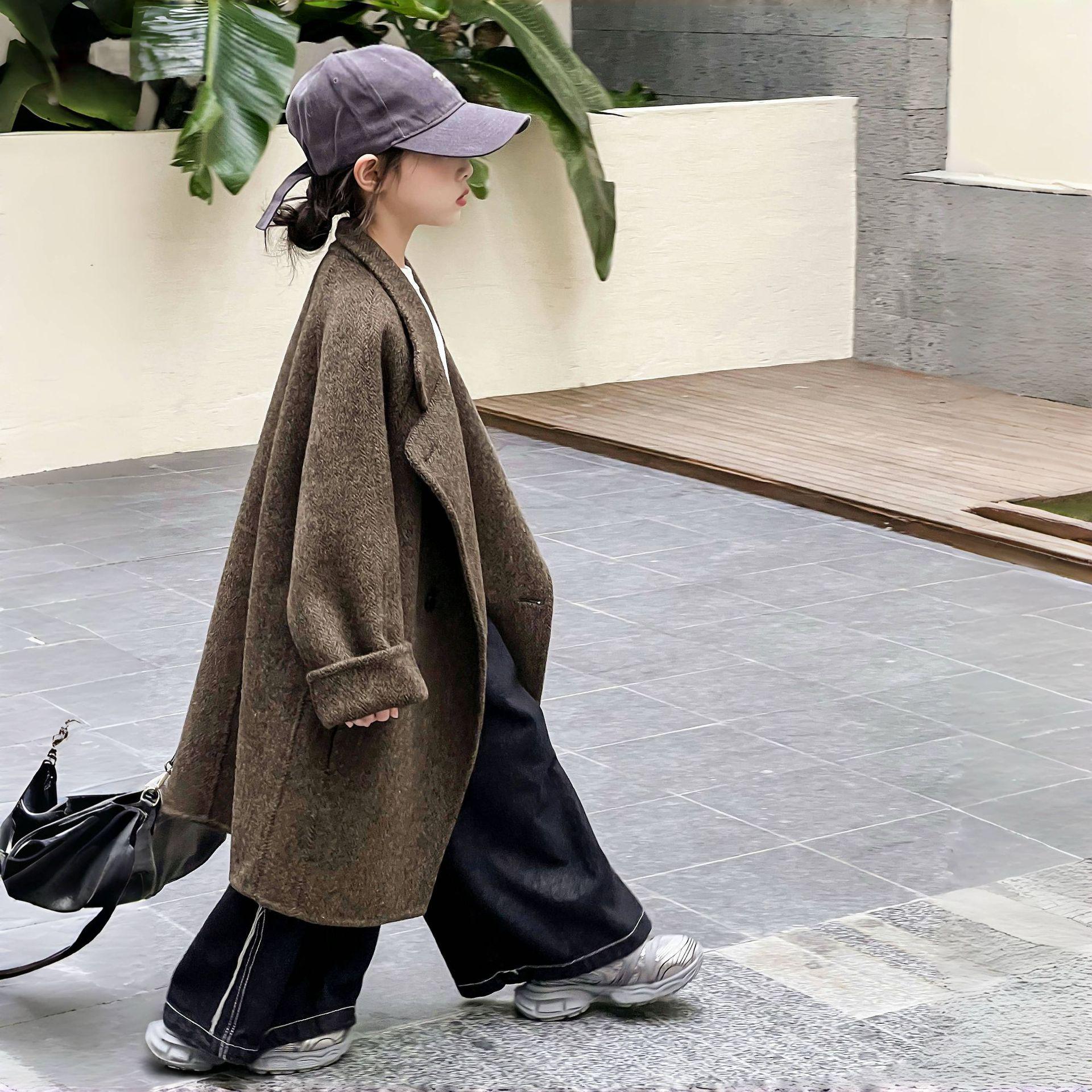 

Korean Style Kids Double-Sided Cashmere Wool Coat - Autumn/Winter Mid-Length for Girls 140cm