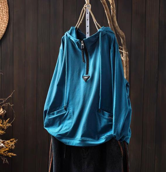 Women's Vintage and Casual Long-sleeved Pullover Spring Loose Hooded Sweatshirt