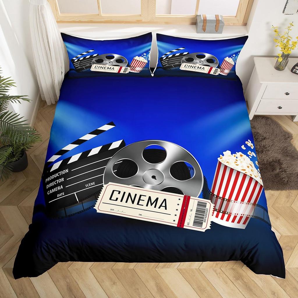 Movie Themed Bedding Set Full Queen for Boys Girls Family Home Theater Decor Vintage Comforter Cover Film Theme Duvet Cover Set