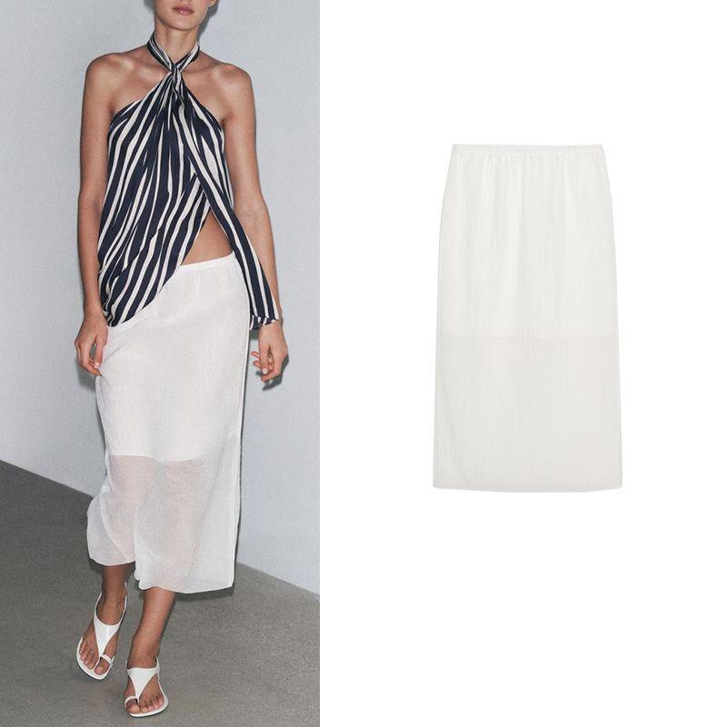 Spring and Summer New Women's Clothing White Viscose Blended Split Mid-Waist Translucent Midi Skirt Skirt 4437050