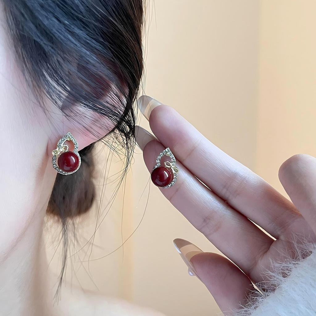 2024 Burgunderrote Ohrringe mit Schleife: Silbernadel, eleganter chinesischer Stil für Neujahr und Frühlingsfest