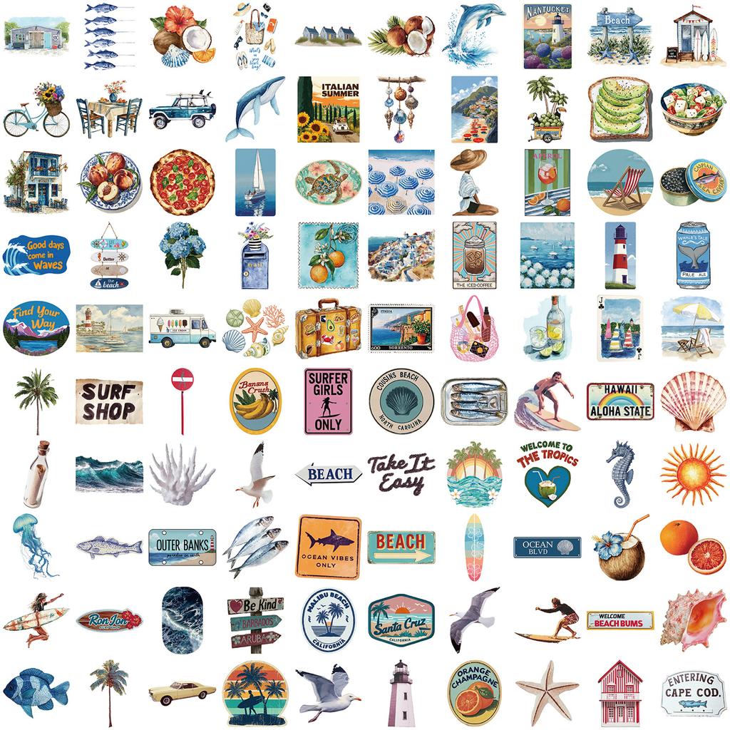 100pcs Vintage Summer Themed Beach Surfing Aesthetic Stickers Graffiti Decals Laptop Water Bottle Luggage Waterproof Sticker