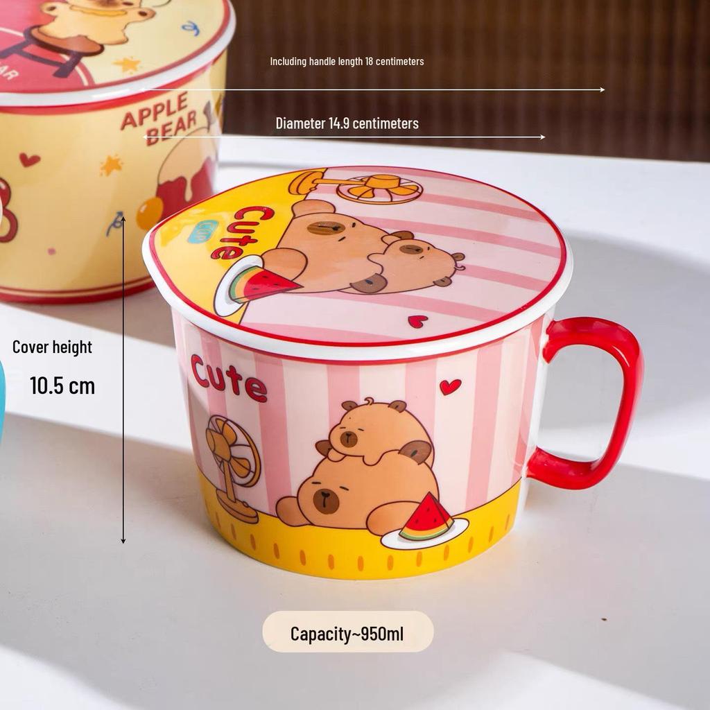 Cartoon Instant Noodle Bowl with Lid and Drain, Large Capacity, Cute Lunch Box for Students