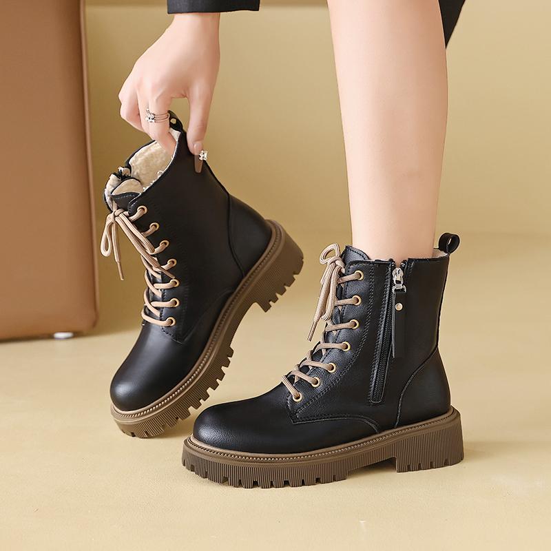 Women’s Winter Boots Casual Short Motorcycle Boots Street Style Black Warm Ankle Boots with Fur Plus Size