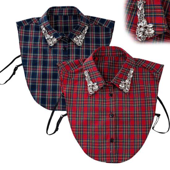 Women Plaid Fake Collar Red Blue Christmas Plaid Collar with Rhinestones Detachable False Collar for Sweater Sweatshirt Hoodie