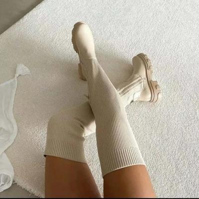 Nuovi Stivali Alti da Donna in Cotone Elasticizzato Tacco Basso Stivali da Donna a Punta Rotonda Al Ginocchio Scarpe Stivali Invernali di Alta Qualità