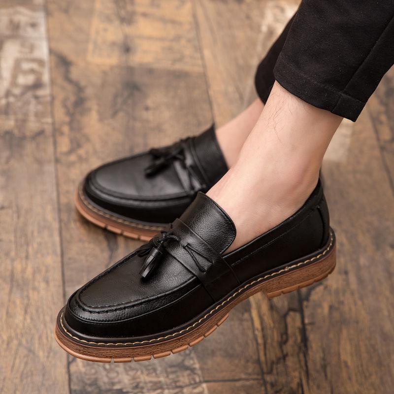 Thick Sole Platform Round Toe Men's Leather Shoes with Tassels Office Loafers Male Casual Shoe Slip-on Retro Sale New In Social