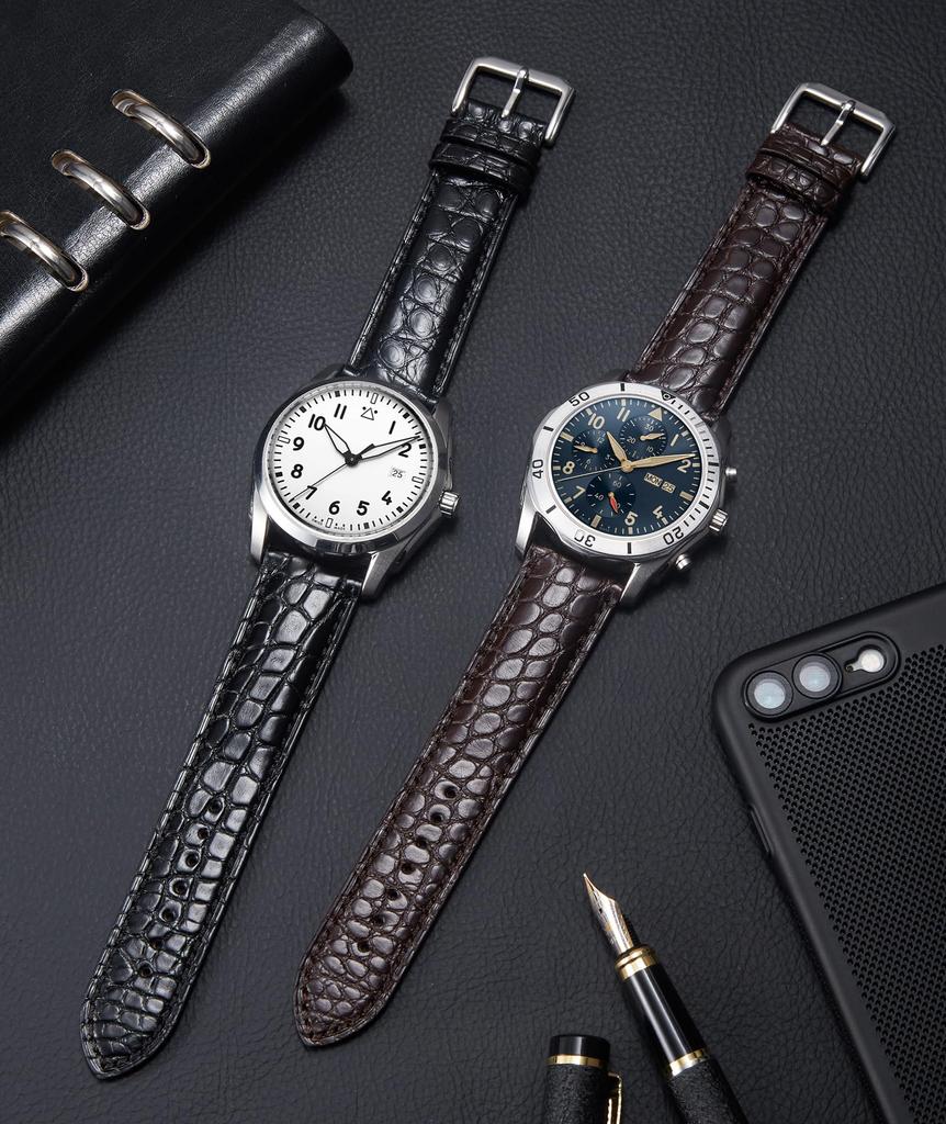 Leather Watch Band Crocodile Leather Pattern Quick Release Leather Watch Strap for Men and Women Replacement Watch Band Genuine Leather 18mm 19mm 20mm