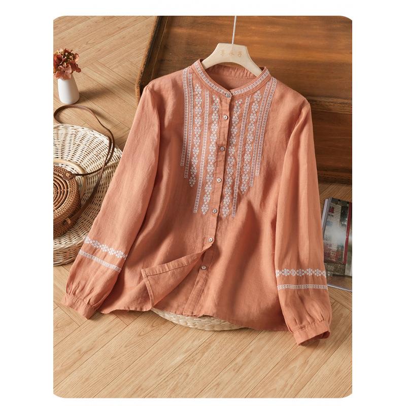 Retro Embroidered Cotton Linen Stand Collar Loose Long Sleeve Women's Shirt Spring Tops
