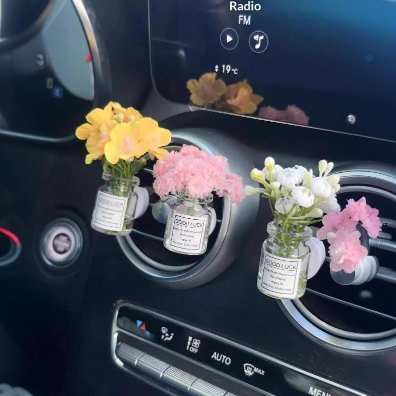 Car Center Console Air Outlet Simulated Flower Clips Ornaments Baby'S Breath Jasmine Vase For Girls Car Decorations