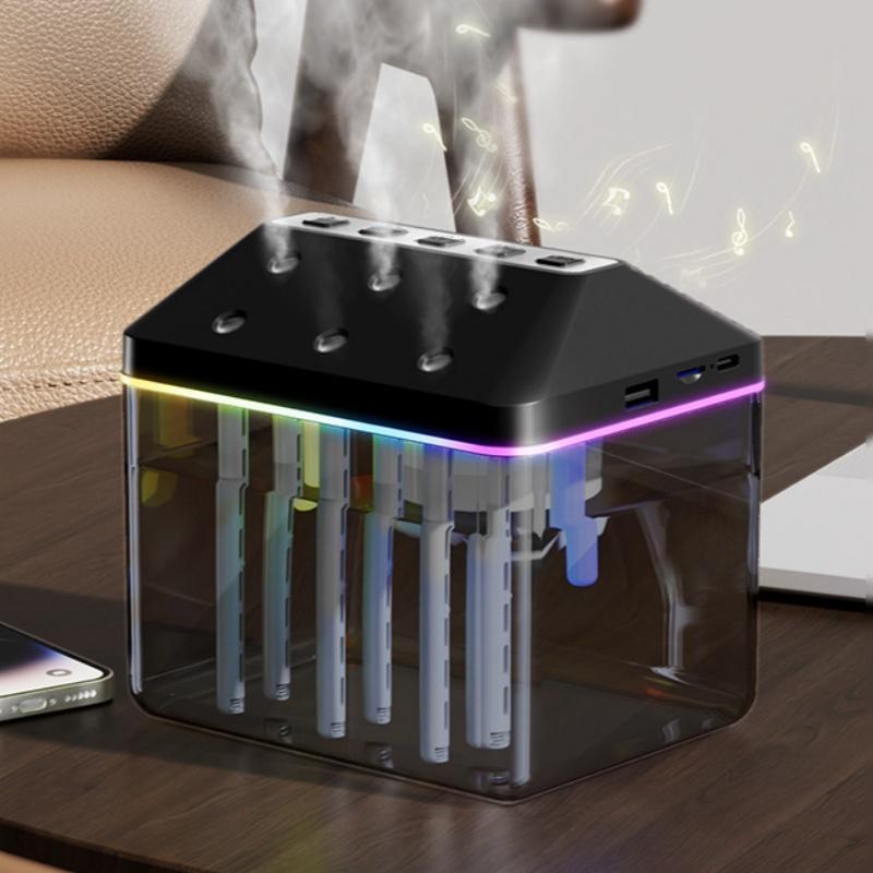 New 900ML 6-Nozzle Musical Humidifier, Bluetooth Speaker & Desktop Mist Humidifier Combo With colorful Light for Home Office Use