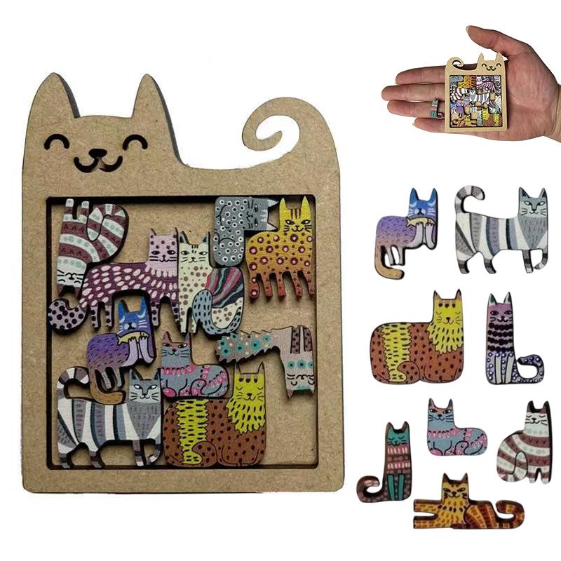 Irregular Cat Wooden Puzzle Expressive Puzzle Toys Unique Animal Shapes Relax Gift Decorative Art Piece Brain Teaser Game