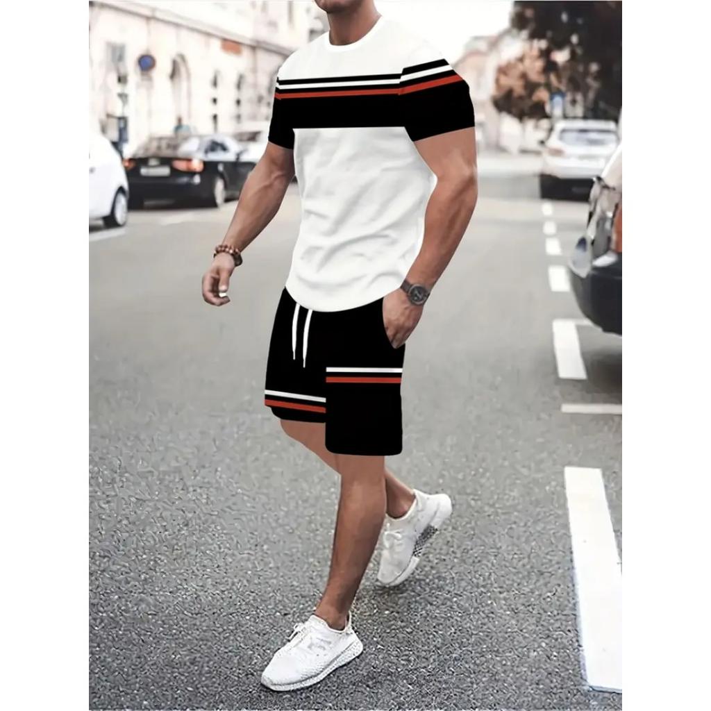 2025 Men's Short Sleeve Set Anchor Print Blue And White Summer Short Sleeve Shorts 2 Pieces Urban Fashion Street Suit
