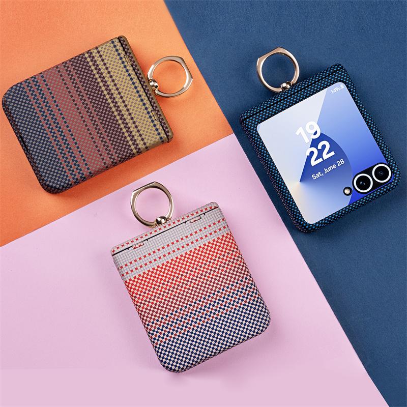For For Samsung Galaxy Z Flip 7 6 5 4 3 Carbon Fiber Texture Magsafe Ring Hinge Case Screen Protect Film Wireless Charging PC Cover