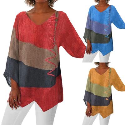 Retro Kunstdruck V-Ausschnitt Damen Casual Top Langärmlig Locker Geschnitten mit Unregelmäßigem Saum