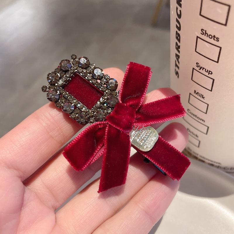 Sweet Bow Rhinestone Hair Clips for Girl New Year Headwear Red Velvet Bowknot Duck Tongue Clips Kids Sided Clips Bangs Clips