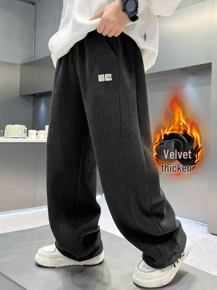 Trendy Boys' Corduroy Fleece-Lined Wide-Leg Pants for Autumn and Winter