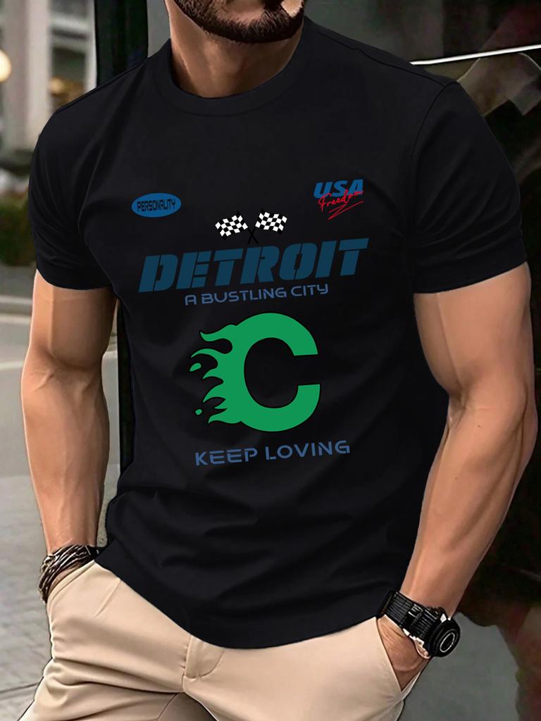 Detroit Usa Sport Pattern Design TShirts Men Cotton Casual Trendy T Shirt Retro Soft Clothing Summer Crewneck Streetwear