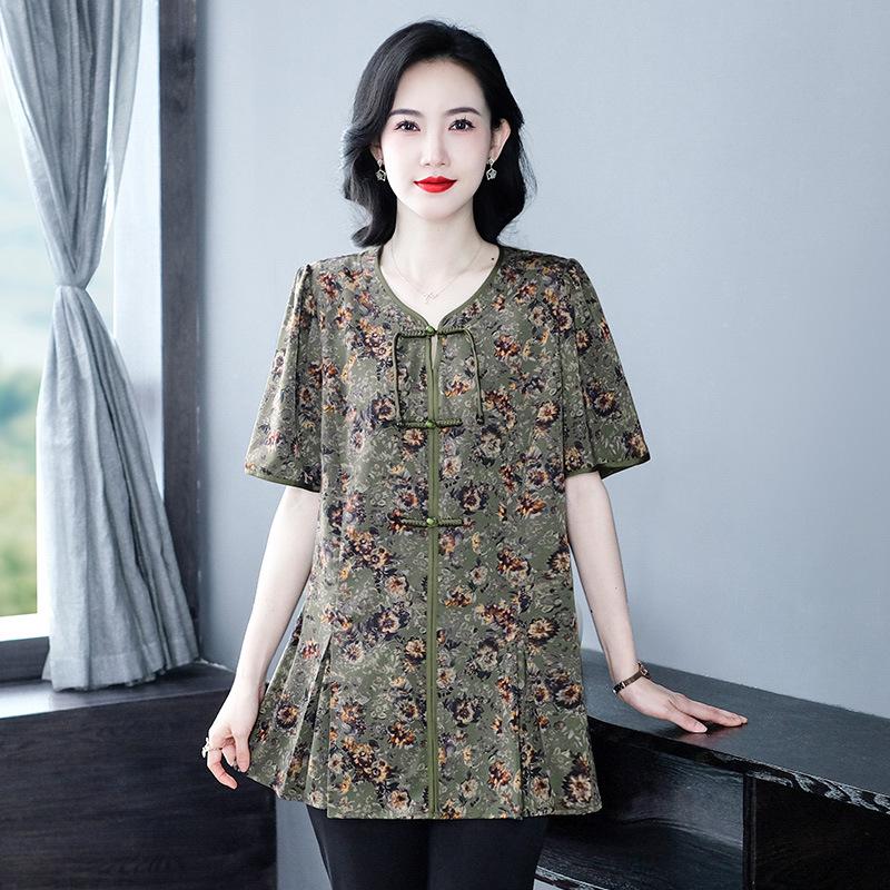 

Летняя шифоновая блузка больших размеров 2025 для женщин среднего возраста – китайский принт, повседневный крой L (Recommended for 50-60 kg)