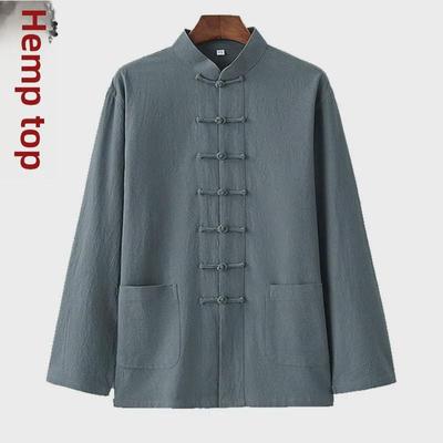 Giacca da uomo in stile cinese a maniche lunghe Tang Suit - Hanfu in misto cotone e lino per giovani e anziani, Primavera/Autunno