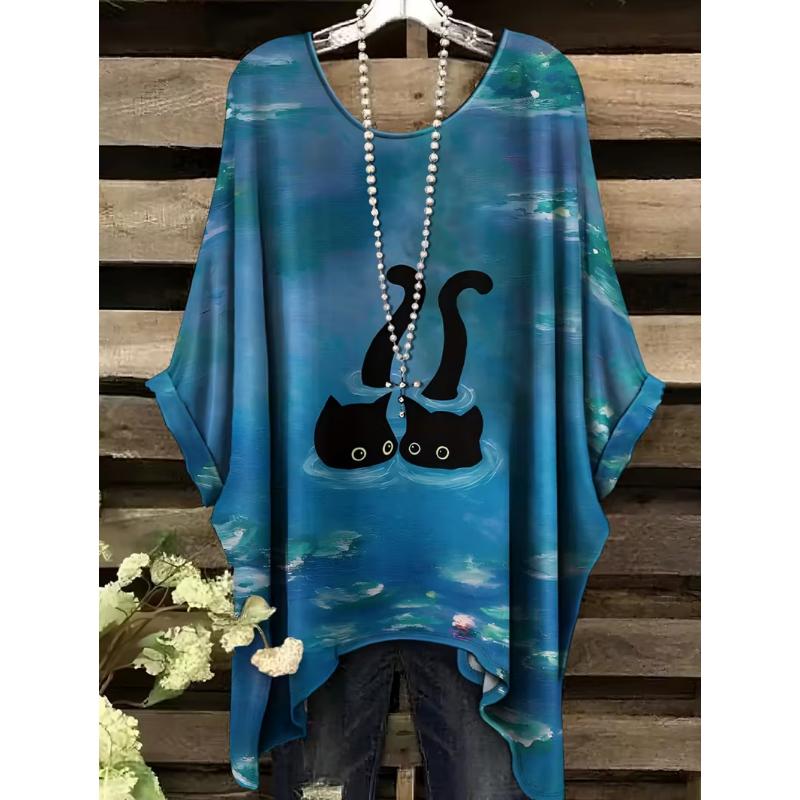 Retro Damen T-Shirt Anime Katze Grafik Mädchen Kleidung Sommer O-Ausschnitt Kurzarm T-Shirts Weiblich Harajuku Streetwear Übergroße Bluse