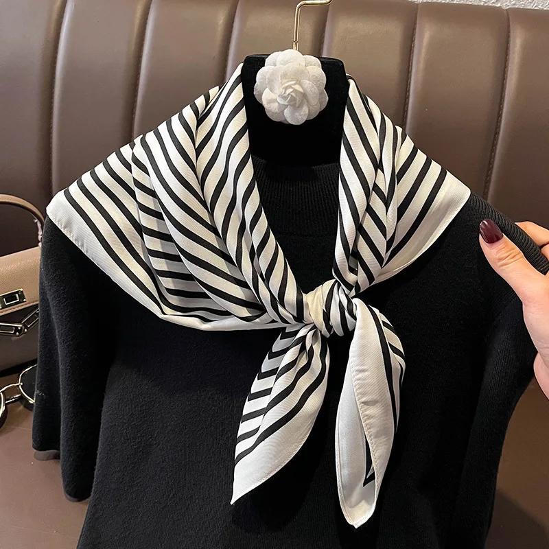Luxury Skinny Square Scarf Women Stripe Print Neckerchief Hairband Lady Soft Satin Hijab Headband Bag Ribbon Foulard Office Gift