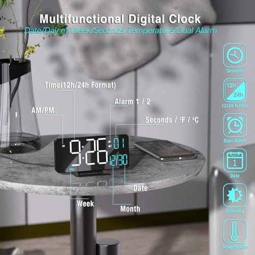 Ceas Digital KOSUMOSU pentru Dormitor, Ceas Deșteptător Digital Mic de 6,7 inch, Negru, Dimabil, 12/24 Ore, Dată, Ziua Săptămânii, Temperatură Interioară, Clasă