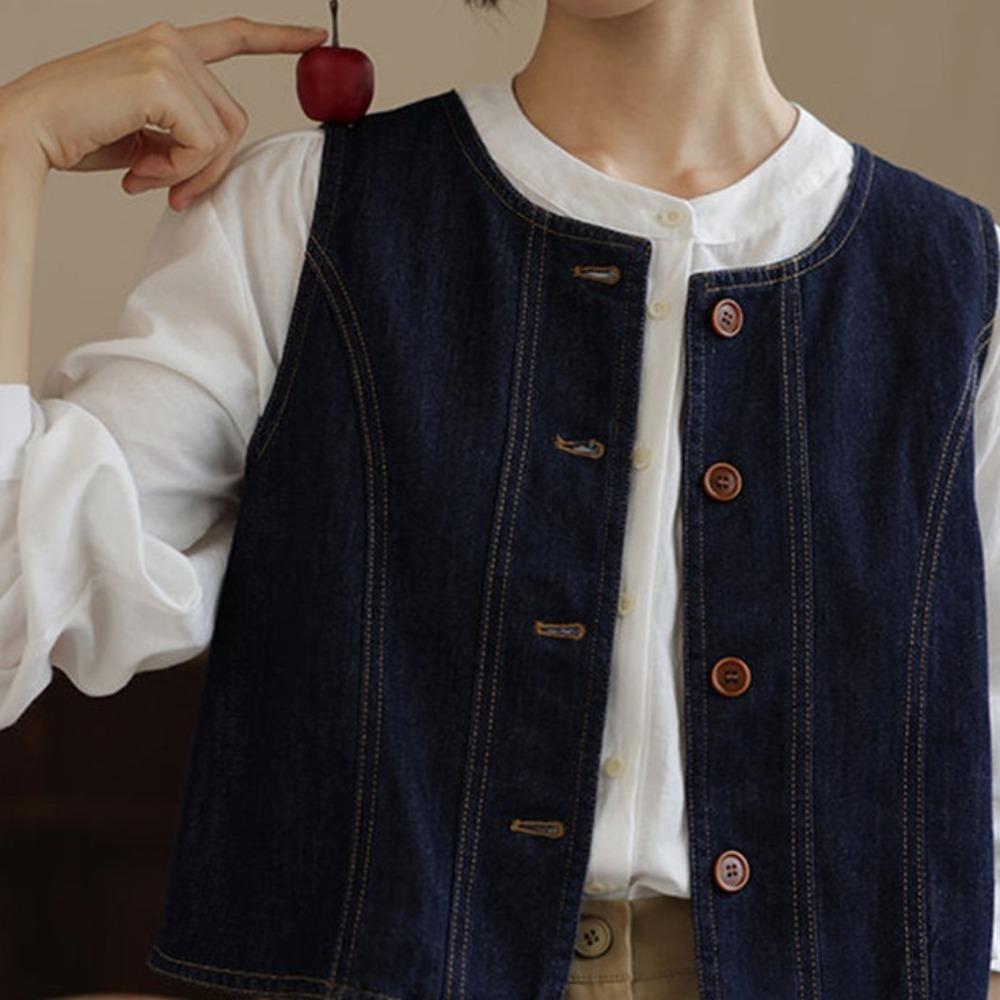 All Match Vintage Denim Vests Blue Cropped Sleeveless Jacket Simple Button-up Short Coats  Ladies