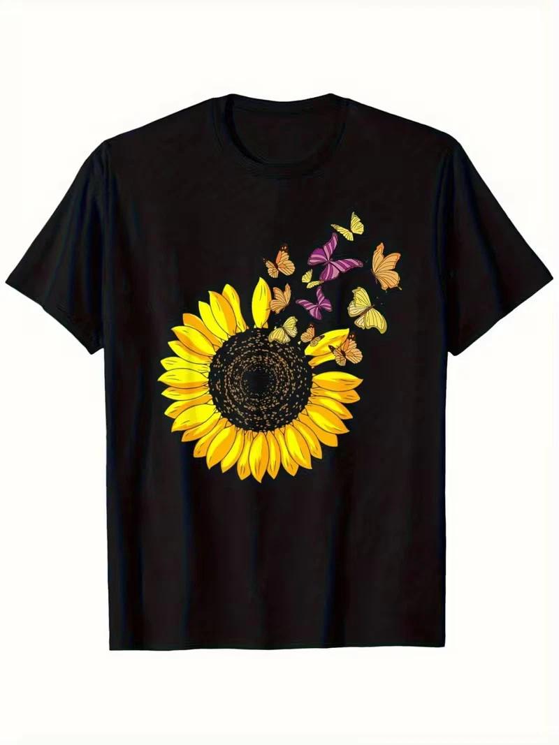 Men S Black T-Shirt with Vibrant Yellow Sunflower & Multicolor Butterfly Floral XS