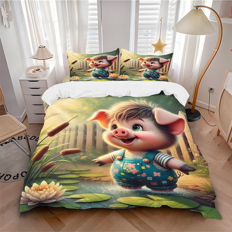3pcs Anime Piggy Bedding Set - Includes One Quilt Cover and Two Pillowcases (No Core) - Home Decor, Festival Gift, Polyester Fabric, Cartoon