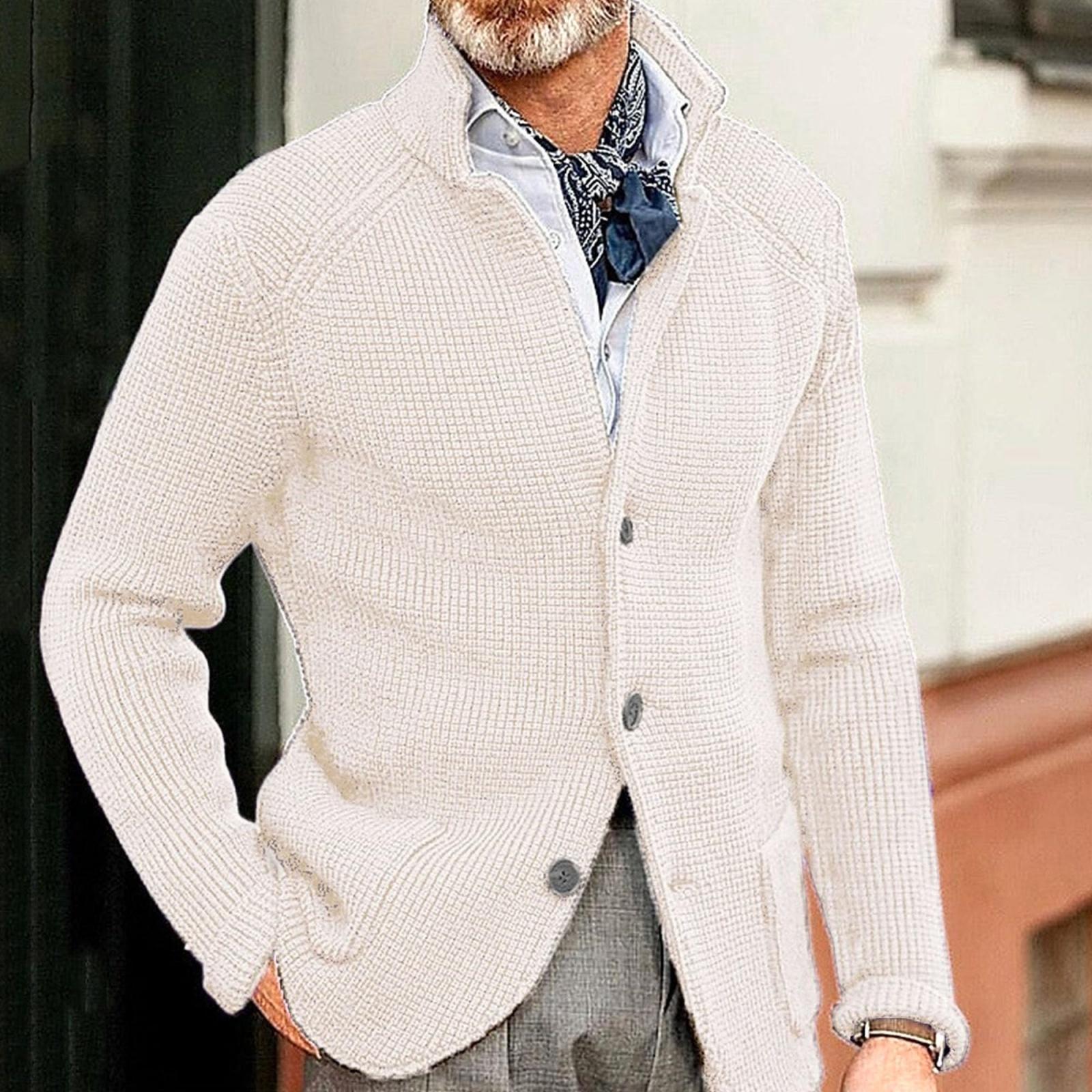 

Мужская повседневная и модная однотонная теплая куртка-свитер, мужской трикотажный свитер с длинными рукавами и застежкой на пуговицы, со стойкой XL белый