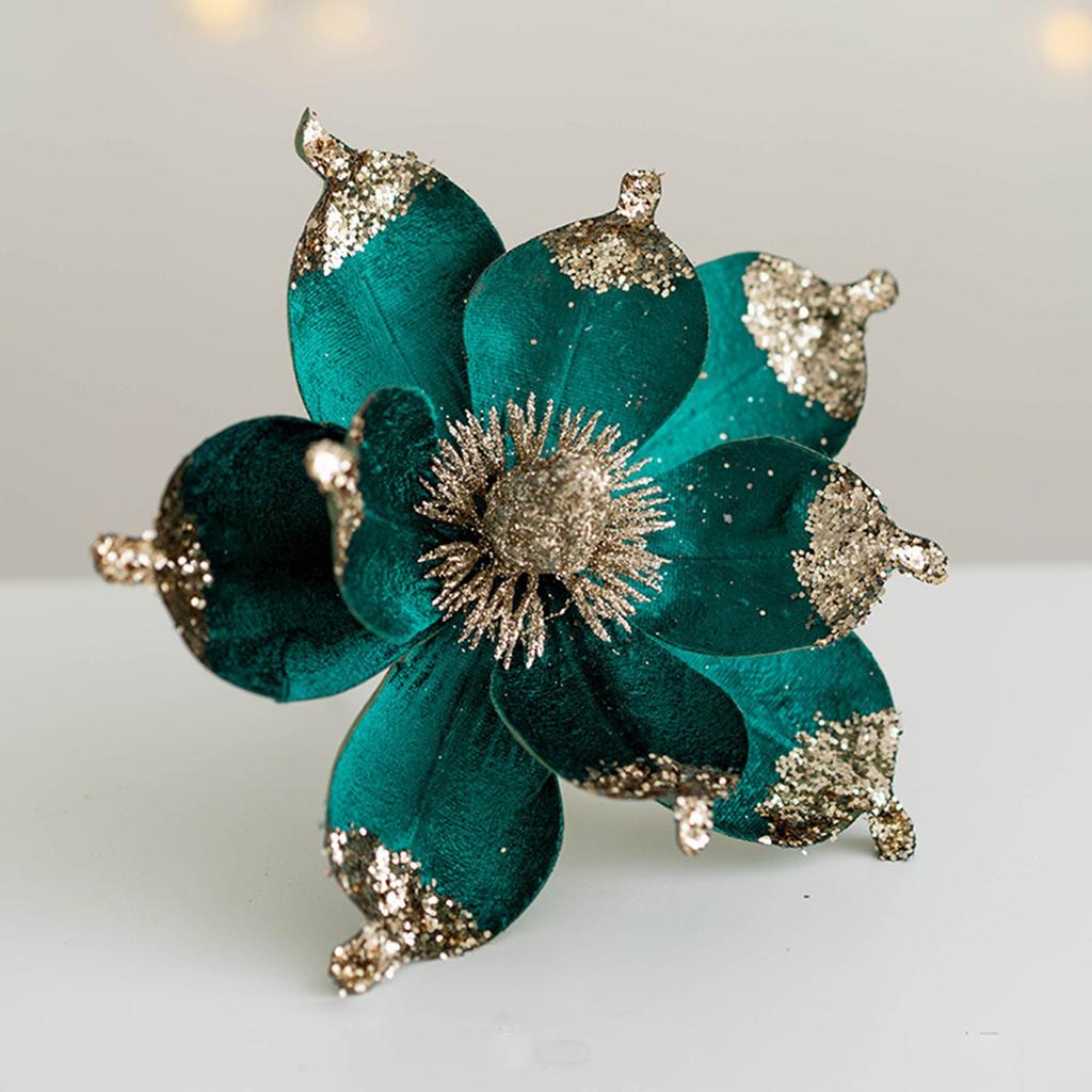 Artificial Glitter Magnolia Flowers Christmas Poinsettia Ornaments Picks For Christmas Tree Wreath Garland Xmas New Year Decoration