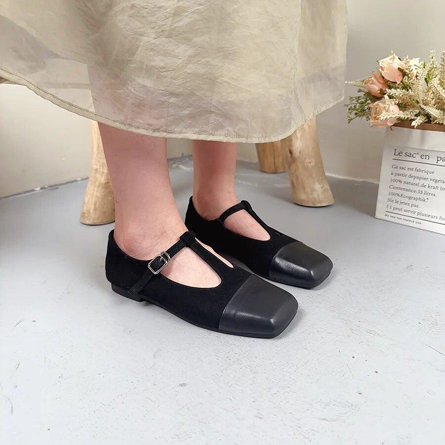 Johnature Square Toe Buckle Shallow Fashion Pumps Versatile Genuine Leather Women Low Heels Shoes