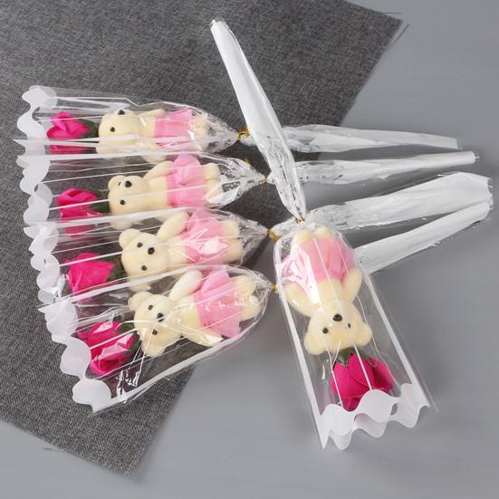 Valentine's Rose Flower Bouquet with Bear Single Soap Flower with Plush Bear Artificial Rose Bouquet Gifts for Weddings Anniversaries