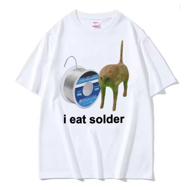 I Eat Solder Cursed Funny Cat Meme Womens Clothing Fashion Casual Summer Female Tops Short Sleeved Harajuku Streetwear Tops Tee S