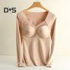 Women Bottoming Tops V-Neck Chest Padded Long Sleeve Thermal Tops Elastic DE Velvet Fabric Tee Shirt