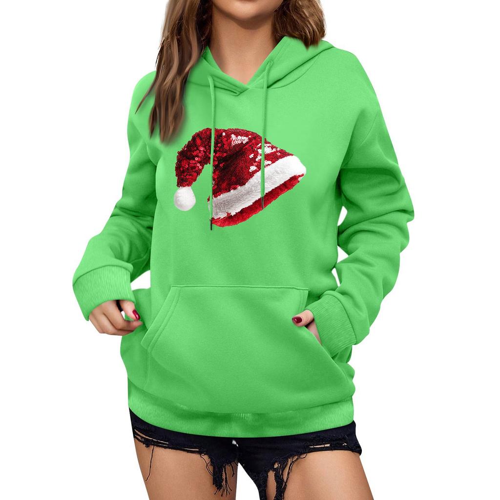 Damen Winter Weihnachten Bedruckter Pullover Kapuzenpullover Fleece Langarm Sweatshirt