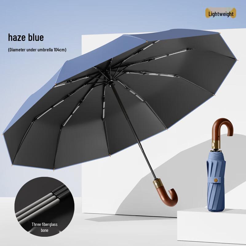 Manual Folding Umbrella with Wooden Curved Handle
