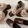 Leather Square-headed Fluffy Shoes with One Pedal, Retro Velvet To Keep Warm, Mary Jane Small Leather Shoes, New Cotton Shoes, Thick Heels, Single S