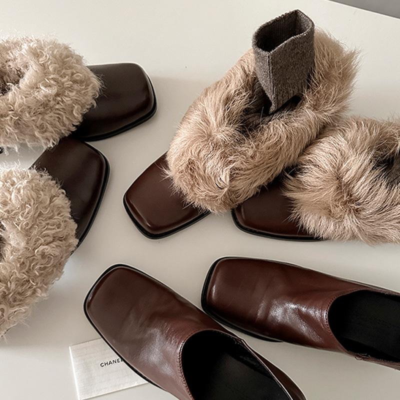 Leather Square-headed Fluffy Shoes with One Pedal, Retro Velvet To Keep Warm, Mary Jane Small Leather Shoes, New Cotton Shoes, Thick Heels, Single S