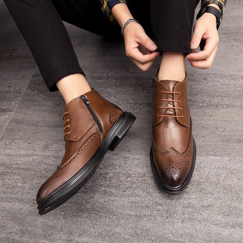 Men Black Ankle Boots Motorcycle Casual Brown Brogues Waterproof Men’s Street Style Boots Wingtip Dress Formal Leather Boots
