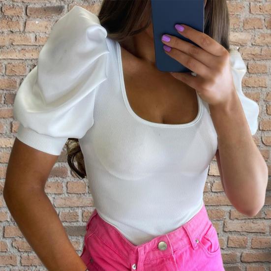 

Ребристая однотонная узкая милая рубашка с круглым вырезом и буфами, пуловер с короткими рукавами, футболка, уличная одежда S светло-синий