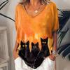 Summer V-neck 3D Cute Cat Printed Top Fashionable Casual Short Sleeved Women's T-shirts