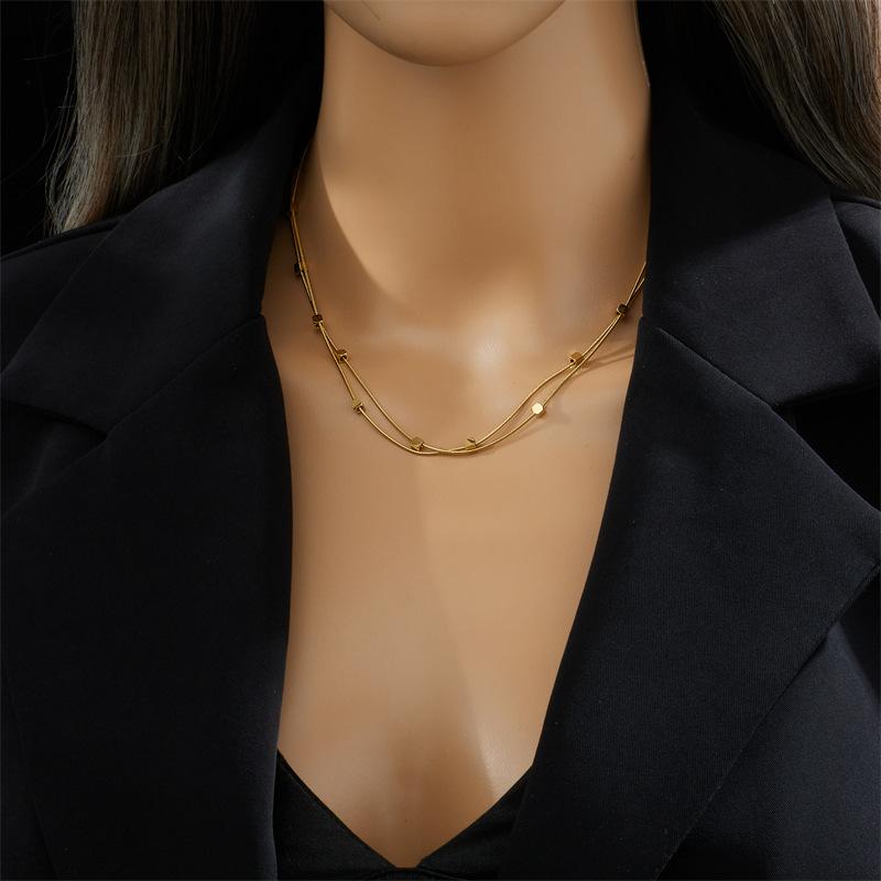 Gold Double Layer Snake Bone Chain Necklace with Cube Beads Minimalist Choker Necklace for Women Daily Wear