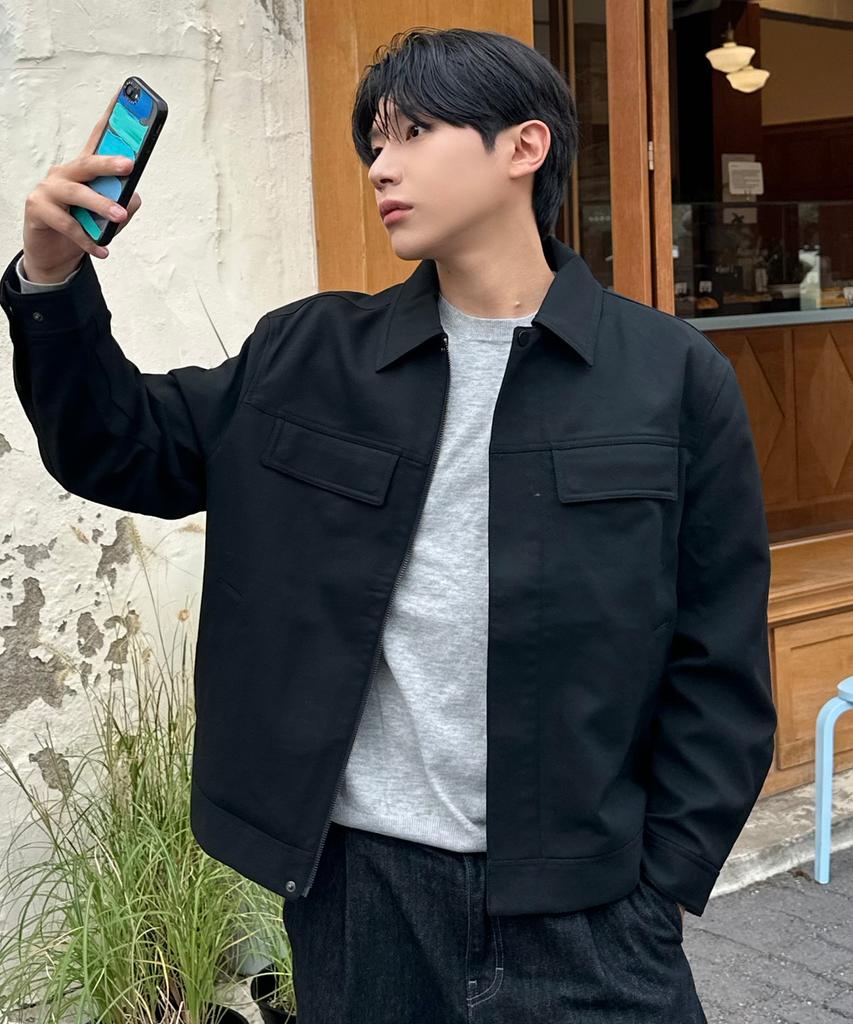 MINDBRIDGE [Couture] Black Twill Zip-Up Semi-Oversized Trucker Jacket