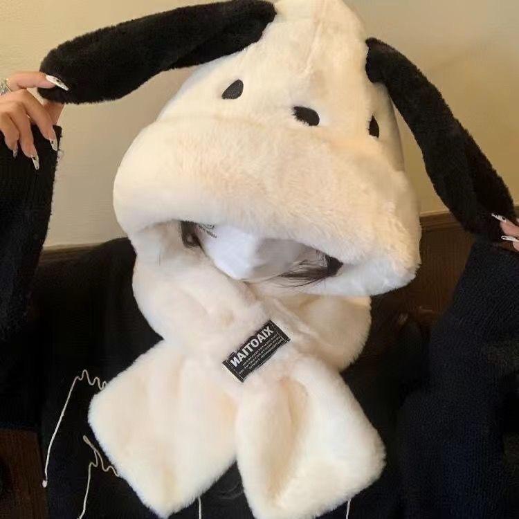 Plush hat three-piece scarf gloves integrated hat autumn and winter women's ear protection snow hat Pacha puppy cute