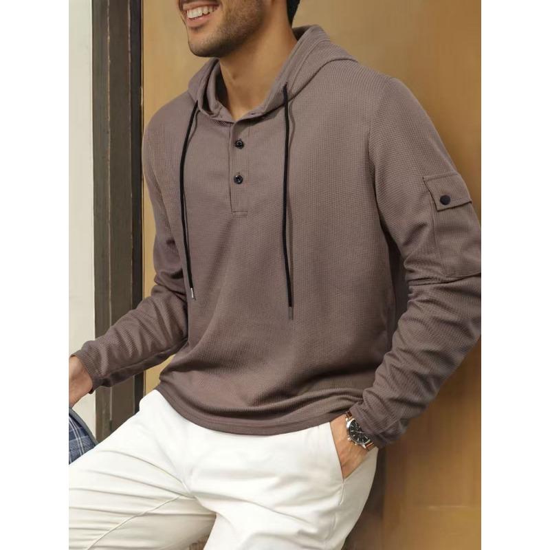 Men's Sports Fitness Hooded Long-sleeved Sweatshirt Spring and Autumn Waffle Solid Color Versatile Pullover