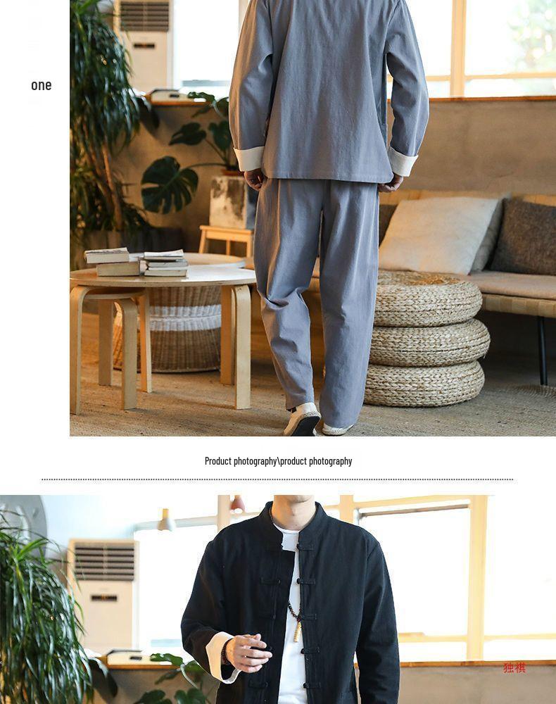 Men's Tang Suit Cotton & Linen Hanfu: Traditional Chinese Costume for Meditation & Tea Ceremonies (Spring-Summer-Fall)
